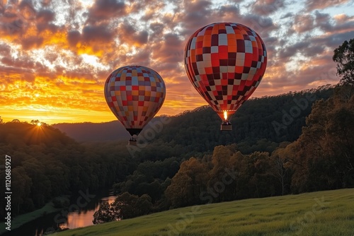 Sunset Hot Air Balloons Over Scenic Landscape by Generative Ai photo