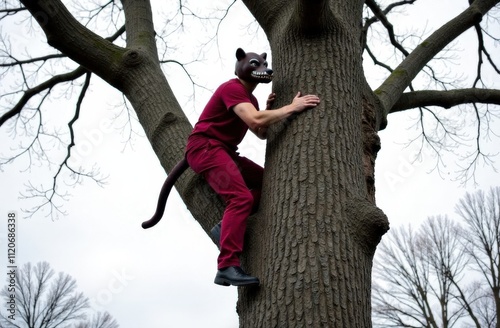 Man in animal costume climbing a large tree outdoors. photo