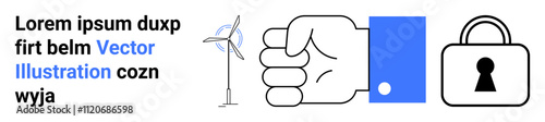 Wind turbine adjacent to a handshake and a lock icon. Represents renewable energy, agreement, and security. Ideal for sustainability, business partnerships, energy solutions, security, cooperation