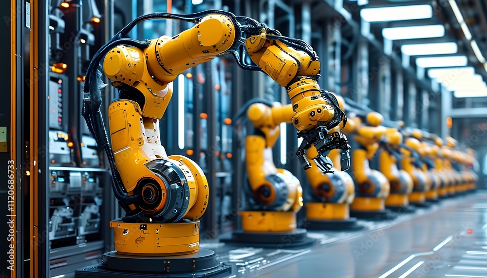 Fototapeta premium Robotic automation in modern manufacturing facilities showcasing advanced industrial technology high-tech environment close-up viewpoint efficiency concept