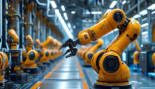 Automated robotics assembly line manufacturing plant industrial technology photography controlled environment wide-angle view future of automation