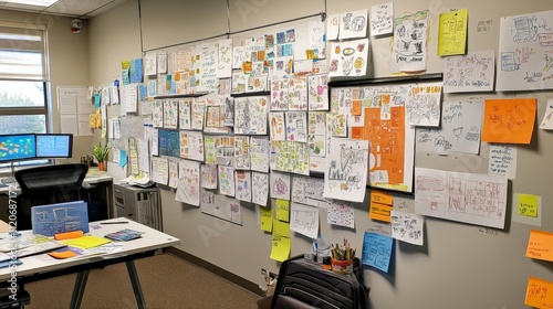 Wall of post-it notes with ideas, concepts, and sketches, a brainstorming setup for creative projects photo