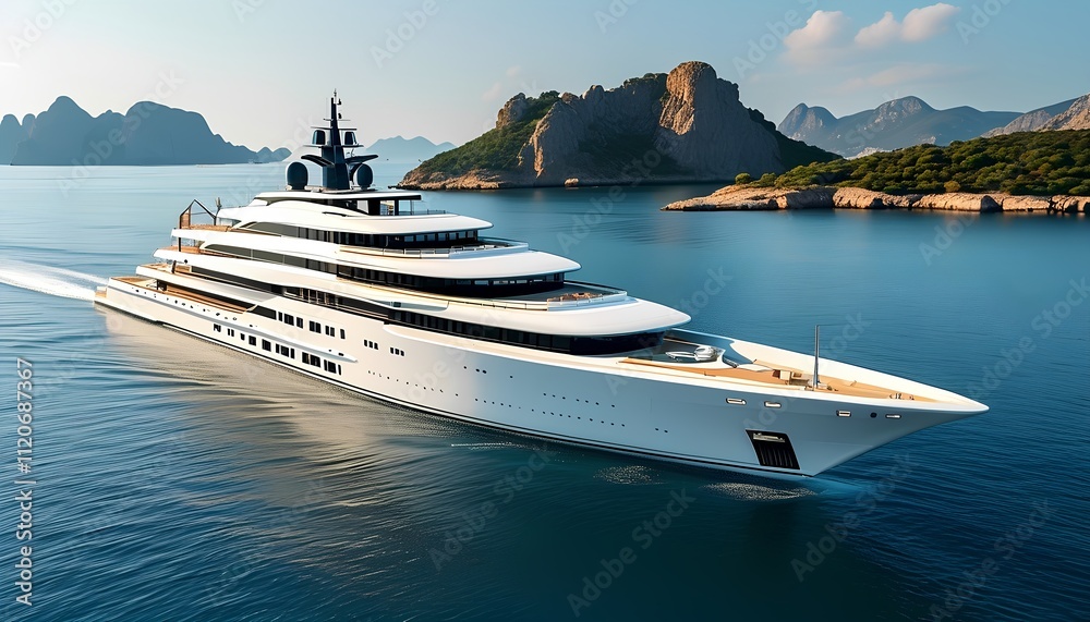 Obraz premium Luxury yacht sailing through serene waters exotic island photography coastal environment aerial view opulence and adventure