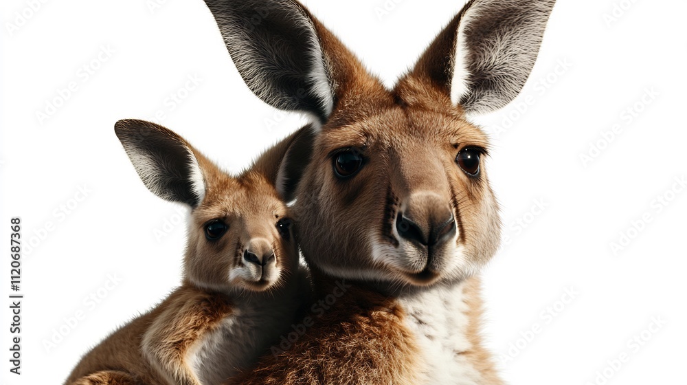 Close-up of a kangaroo mother and joey. Joey clinging to mother's back. Close-up of a kangaroo mother and joey. Joey clinging to mother's back.