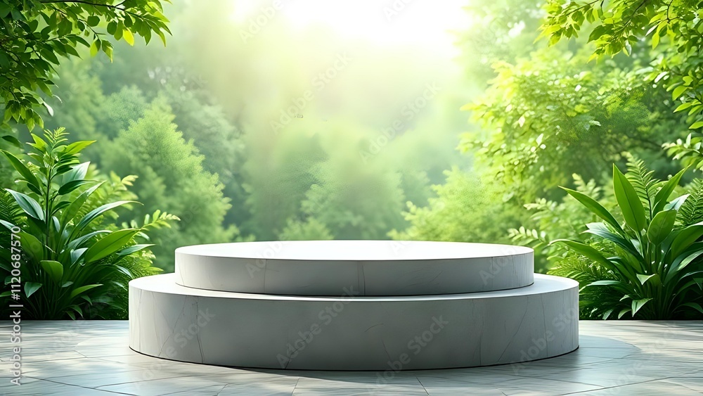 White rounded podium with nature background White rounded podium with nature background