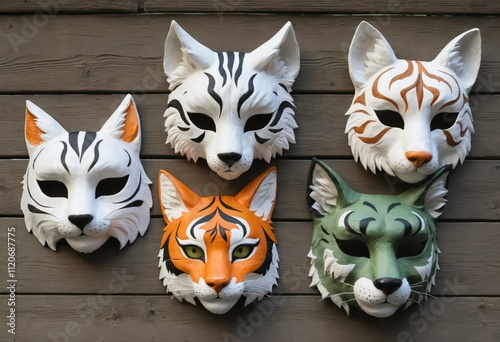 Handmade animal masks with feline designs on wooden background. photo