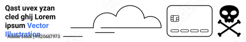 Black and white line art showing a cloud, a chip, and a skull and crossbones. Ideal for cybersecurity, data protection, cloud storage, digital threats, online security privacy and risks. Landing