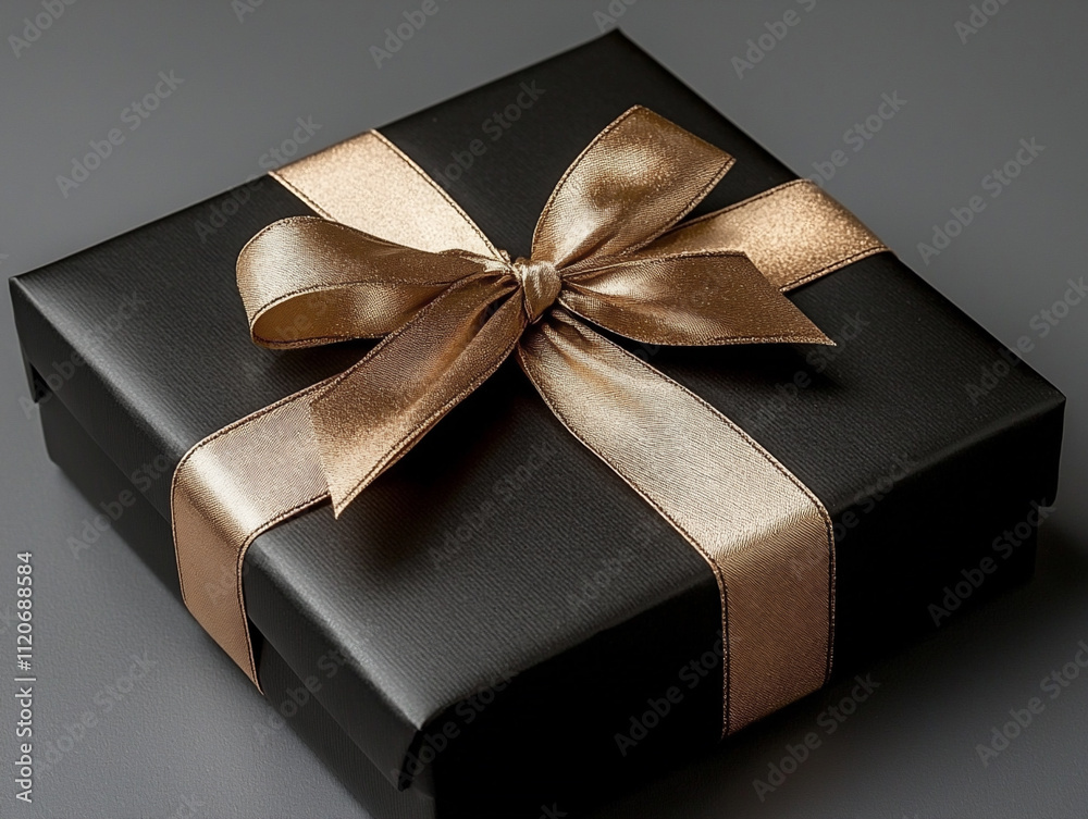 A square black gift box with a gold satin ribbon A square black gift box with a gold satin ribbon