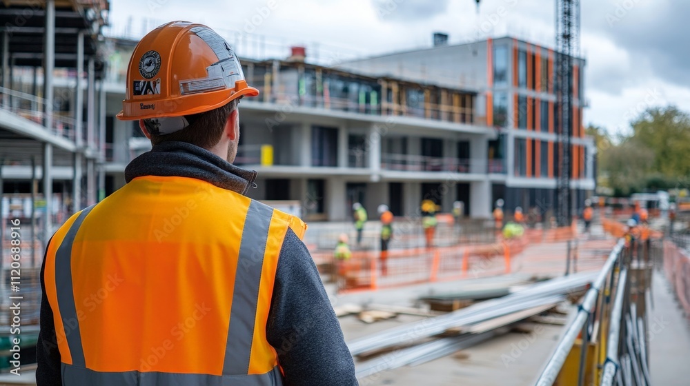 Worker in a high-visibility vest surveying a construction project Worker in a high-visibility vest surveying a construction project