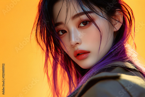 Stylized close-up of a k-pop inspired model with a vibrant neon background- showcasing a modern and edgy look reflective of korean pop music culture's influence and trendsetting aesthetic photo