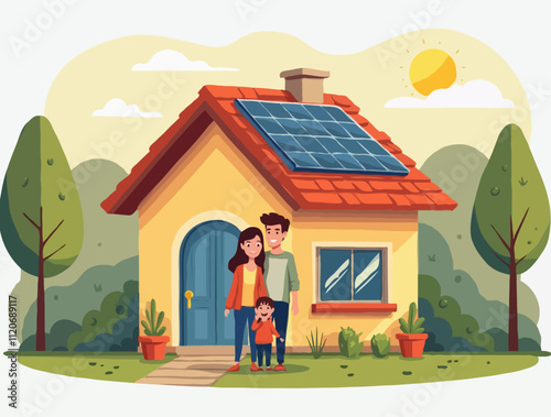 Vector illustration of a family in front of their house with solar panels surrounded by nature