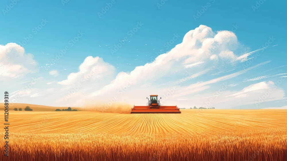 Fototapeta premium Worker using a modern seeder in a vast wheat field
