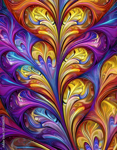 fractal art, symmetrical design, vibrant colors, floral pattern, glowing center, intricate details, digital artwork, abstract symmetry, psychedelic style, mesmerizing visuals