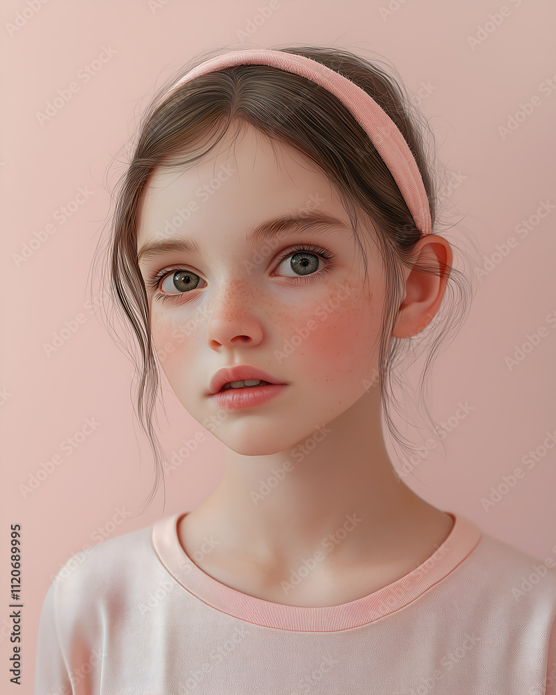 Portrait of a thoughtful girl with furrowed brows on a light pink background, brunette brown hair Portrait of a thoughtful girl with furrowed brows on a light pink background, brunette brown hair