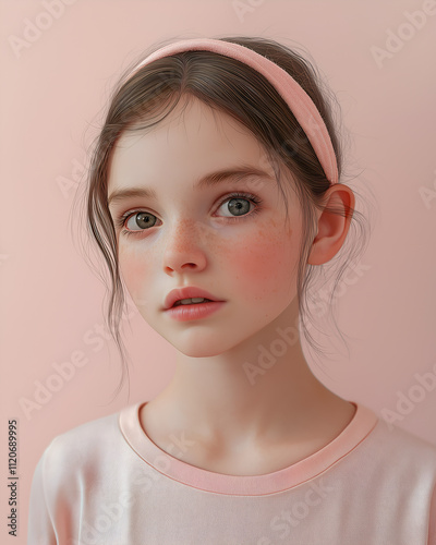 Portrait of a thoughtful girl with furrowed brows on a light pink background, brunette brown hair