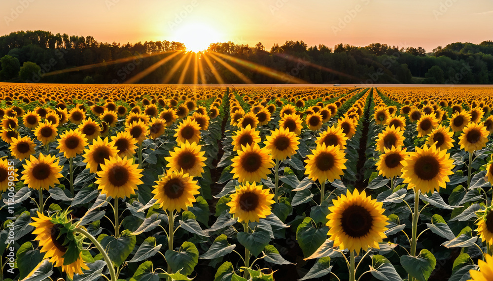 Fototapeta premium Sunflower field at golden hour with radiant blooms and warm sunset glow. 