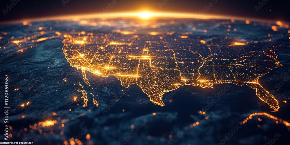Digital Map of North America Network Connectivity and Data Transfer with Futuristic Telecommunication Design Digital Map of North America Network Connectivity and Data Transfer with Futuristic Telecommunication Design