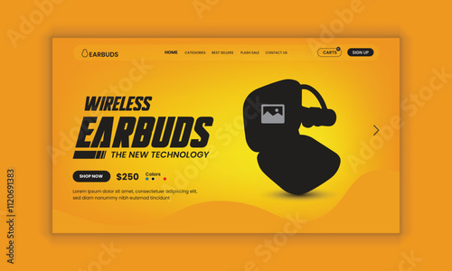 Earbuds Website Landing Page, Web Banner, and Homepage Hero Section User Interface Design Template or new arrival  Earbuds sale web banner design