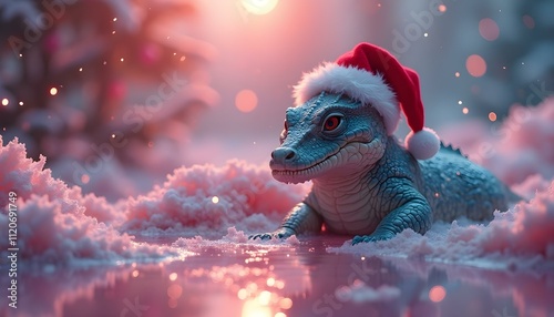 reptile with santa claus hat in the snow photo