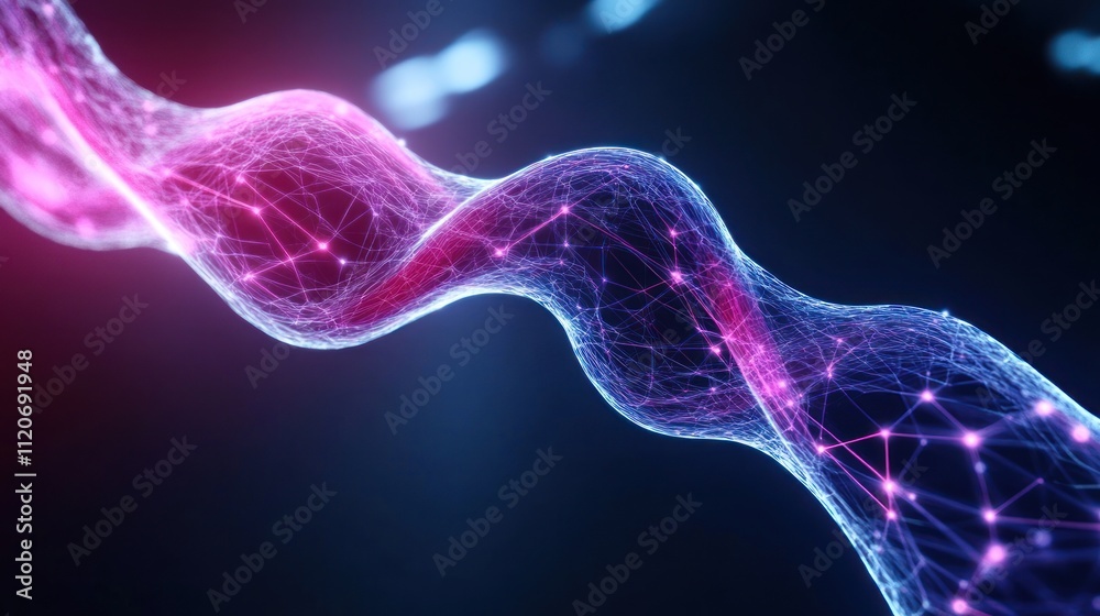 Abstract representation of DNA with glowing connections and waves. Abstract representation of DNA with glowing connections and waves.