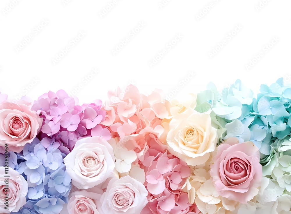 A beautiful bouquet of roses and hydrangeas in soft pastel colors, arranged on the right side with a white background A beautiful bouquet of roses and hydrangeas in soft pastel colors, arranged on the right side with a white background
