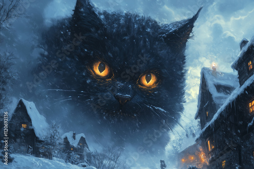 Illustration of the Yule cat, a huge and vicious cat from Icelandic Christmas folklore that lurks in the snowy countryside