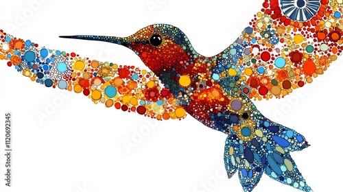 Colorful hummingbird in flight, composed of small circles, vibrant colors. photo