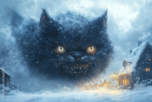 Illustration of the Yule cat, a huge and vicious cat from Icelandic Christmas folklore that lurks in the snowy countryside