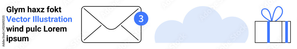 Envelope with notification bubble, cloud, and gift box represent digital communication, storage, and rewards. Ideal for email services, cloud storage, celebrations, notifications digital gifts Envelope with notification bubble, cloud, and gift box represent digital communication, storage, and rewards. Ideal for email services, cloud storage, celebrations, notifications digital gifts