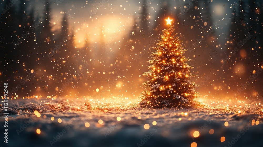 Illuminated Christmas Tree in Snowy Winter Forest Illuminated Christmas Tree in Snowy Winter Forest