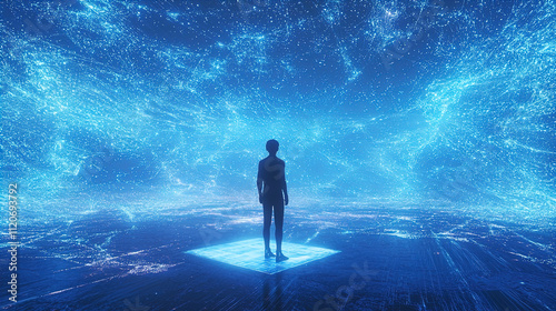 A solitary figure stands on a glowing platform surrounded by an expansive cosmic scene filled with vibrant blue and white light trails. The background is a blend of shimmering stars and swirling nebul