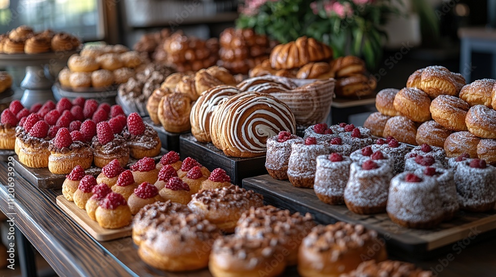 Assorted baked goods displayed in a bakery setting
