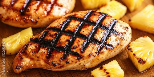 Fototapeta Naklejka Na Ścianę i Meble -  Juicy grilled chicken breast with pineapple on the side. Healthy food with high protein content.