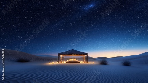 Serene desert tent under a starry night sky photo