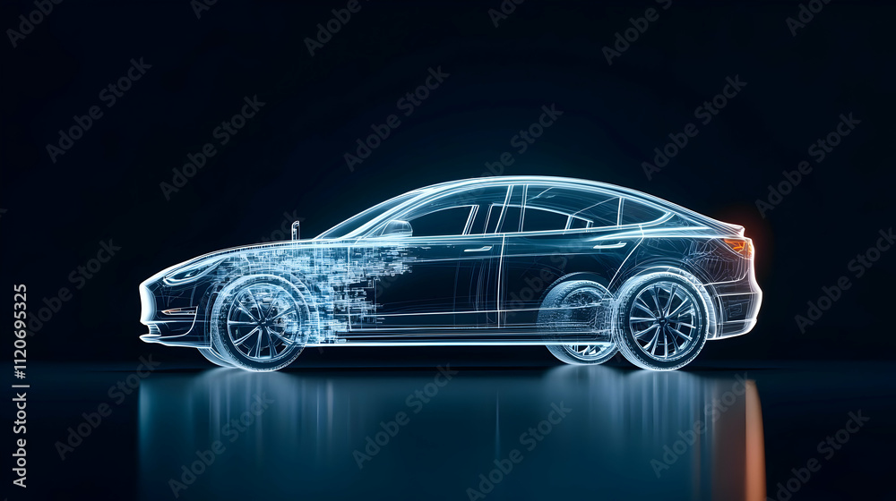 Ordinary blue holographic car, side view, car structure, black background Ordinary blue holographic car, side view, car structure, black background