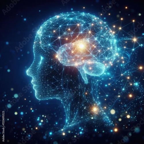 a futuristic digital artwork showcasing a glowing, wireframe representation of a human brain, ai