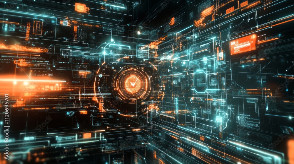 Abstract digital data flow with glowing lines and HUD elements. Abstract digital data flow with glowing lines and HUD elements.