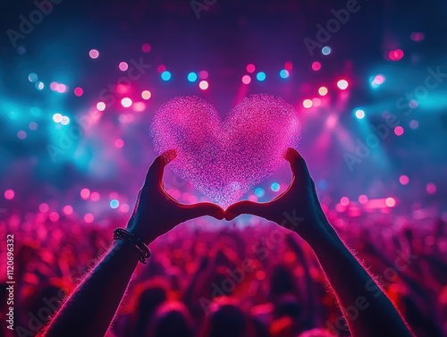 Heart Shaped Hands at a Vibrant Concert with Dramatic Lights and Soft Bokeh photo