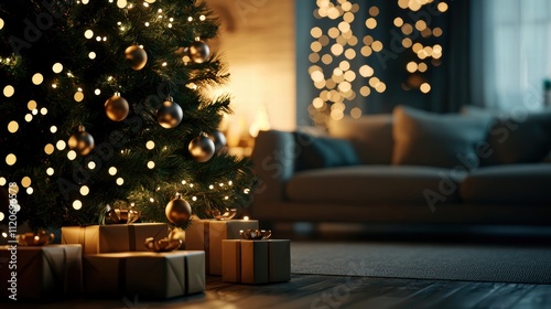 Cozy Christmas living room with decorated tree and gifts