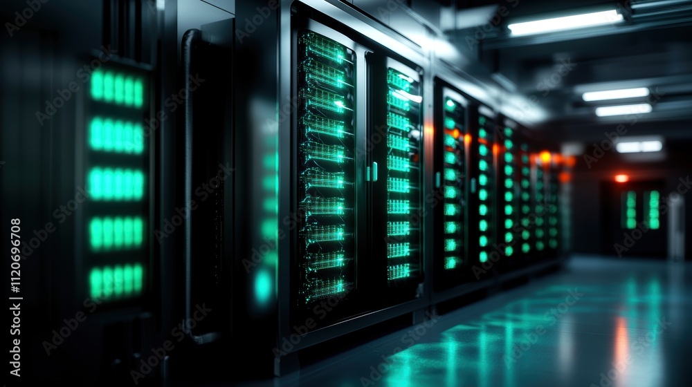 High-tech data center with glowing server racks High-tech data center with glowing server racks