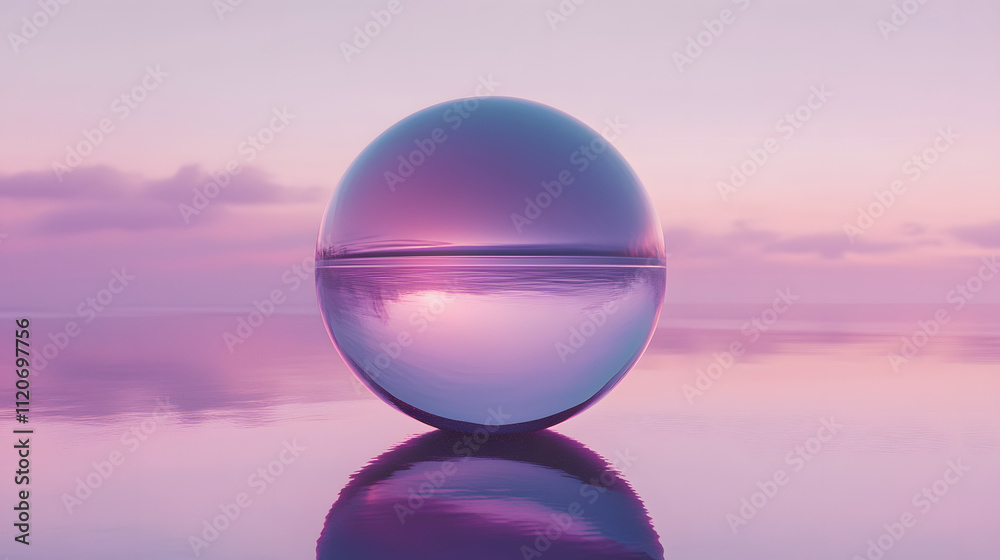 A glass sphere rests on a calm, purple-hued body of water, reflecting a serene sunset. The image evokes tranquility and peace, with soft pastel colors dominating the scene. A glass sphere rests on a calm, purple-hued body of water, reflecting a serene sunset. The image evokes tranquility and peace, with soft pastel colors dominating the scene.