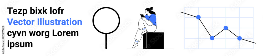 Businesswoman reading document while sitting on block, magnifying glass, line graph with data points. Ideal for data analysis, business insights, research, finance, market trends, statistics Businesswoman reading document while sitting on block, magnifying glass, line graph with data points. Ideal for data analysis, business insights, research, finance, market trends, statistics