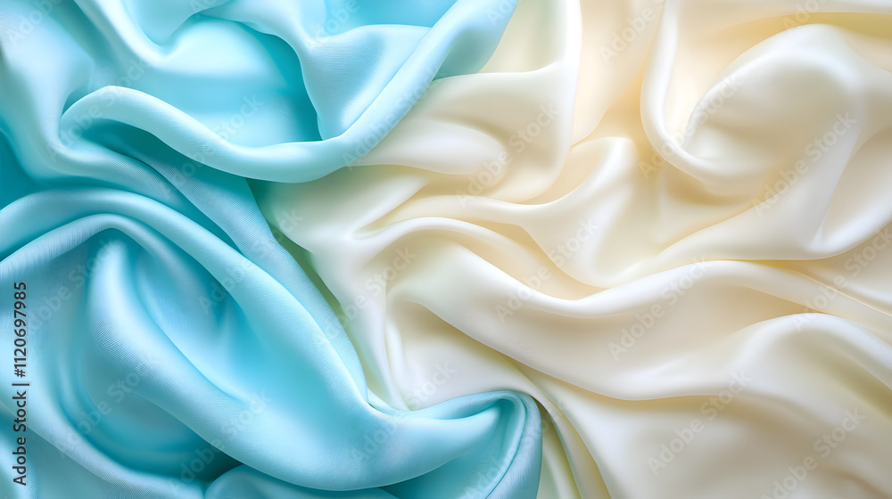 Obraz premium Luxurious light blue and ivory silk fabric, elegantly draped and flowing. Soft, smooth texture and rich color create a sophisticated background.