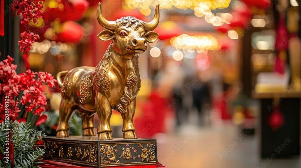 Fototapeta premium Golden ox statue and red decorations for Chinese New Year 