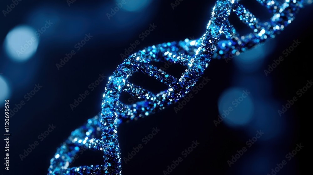 Close-up of a sparkling blue DNA double helix structure Close-up of a sparkling blue DNA double helix structure