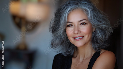 Elegant middle aged woman grey hair, radiant portrait beautiful model studio, graceful mature happy attractive female, confident natural stylish, professional poised glowing.