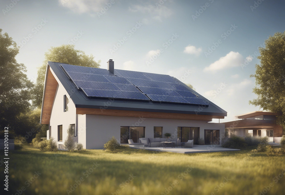New suburban house with a photovoltaic system on the roof Modern eco friendly passive house with sol New suburban house with a photovoltaic system on the roof Modern eco friendly passive house with sol