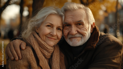 Elderly couple sitting peacefully on a park bench enjoying the serene environment, representing companionship, aging gracefully, and the beauty of shared moments in nature's calm