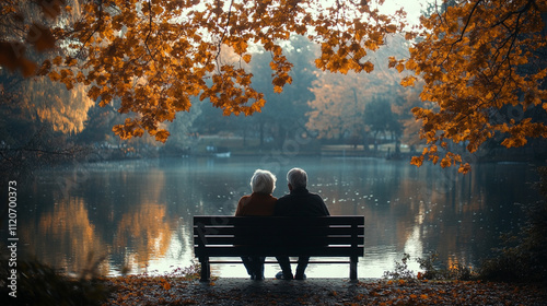 Elderly couple sitting peacefully on a park bench enjoying the serene environment, representing companionship, aging gracefully, and the beauty of shared moments in nature's calm