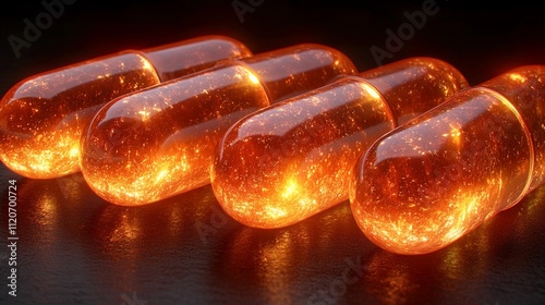 Golden amber vitamin capsules illuminate a dark surface with radiant reflections photo